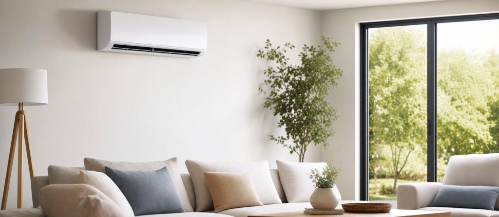 Wall-mounted ductless mini-split indoor air handler in a modern living room