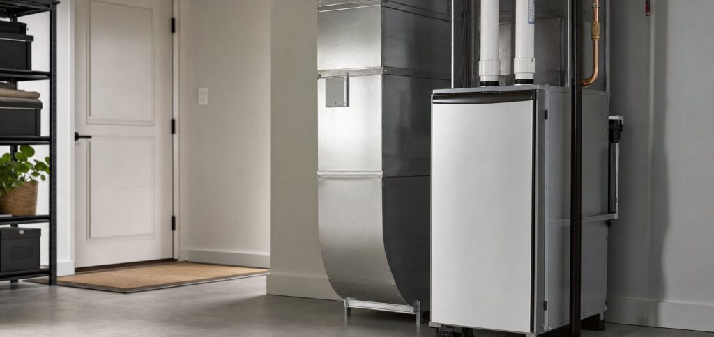 High-efficiency residential natural gas furnace in a utility room