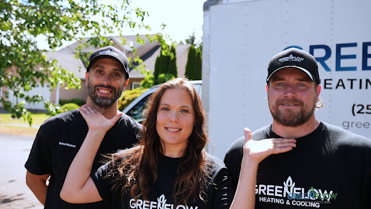 GreenFlow crew: Michael Madison journeyman technician, owner Christina Joslin, and lead foreman Nathan Joslin in front of a company truck in Tacoma