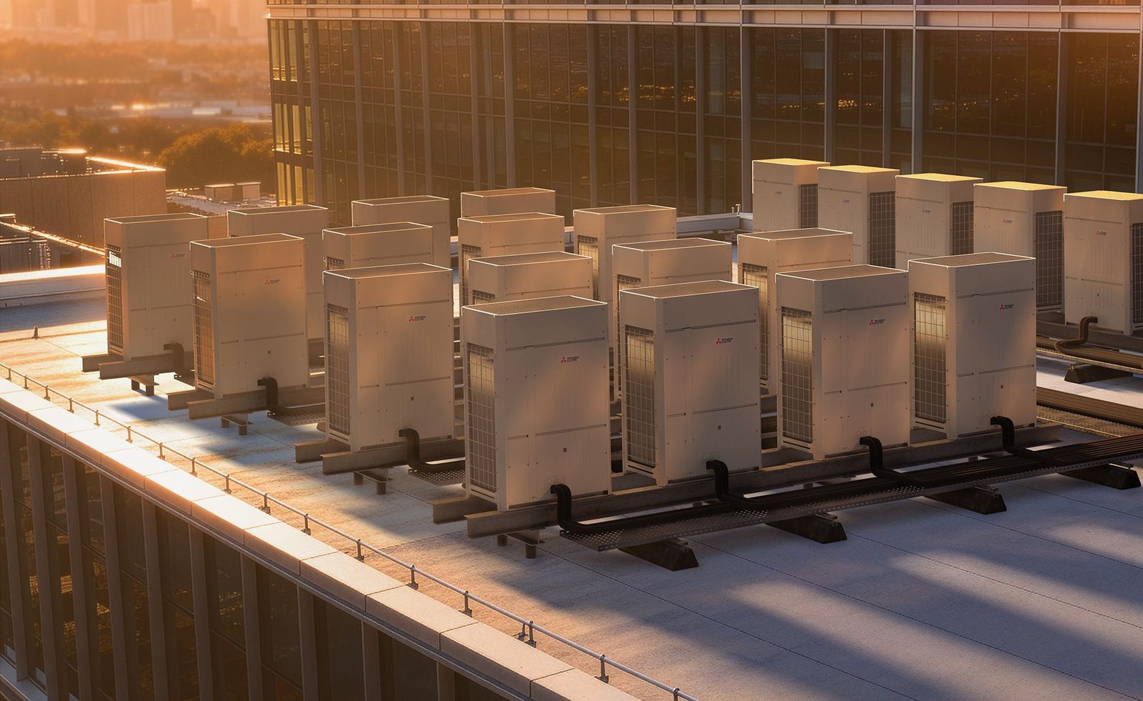 Mitsubishi Electric VRF outdoor unit array installed on commercial office building rooftop in Tacoma